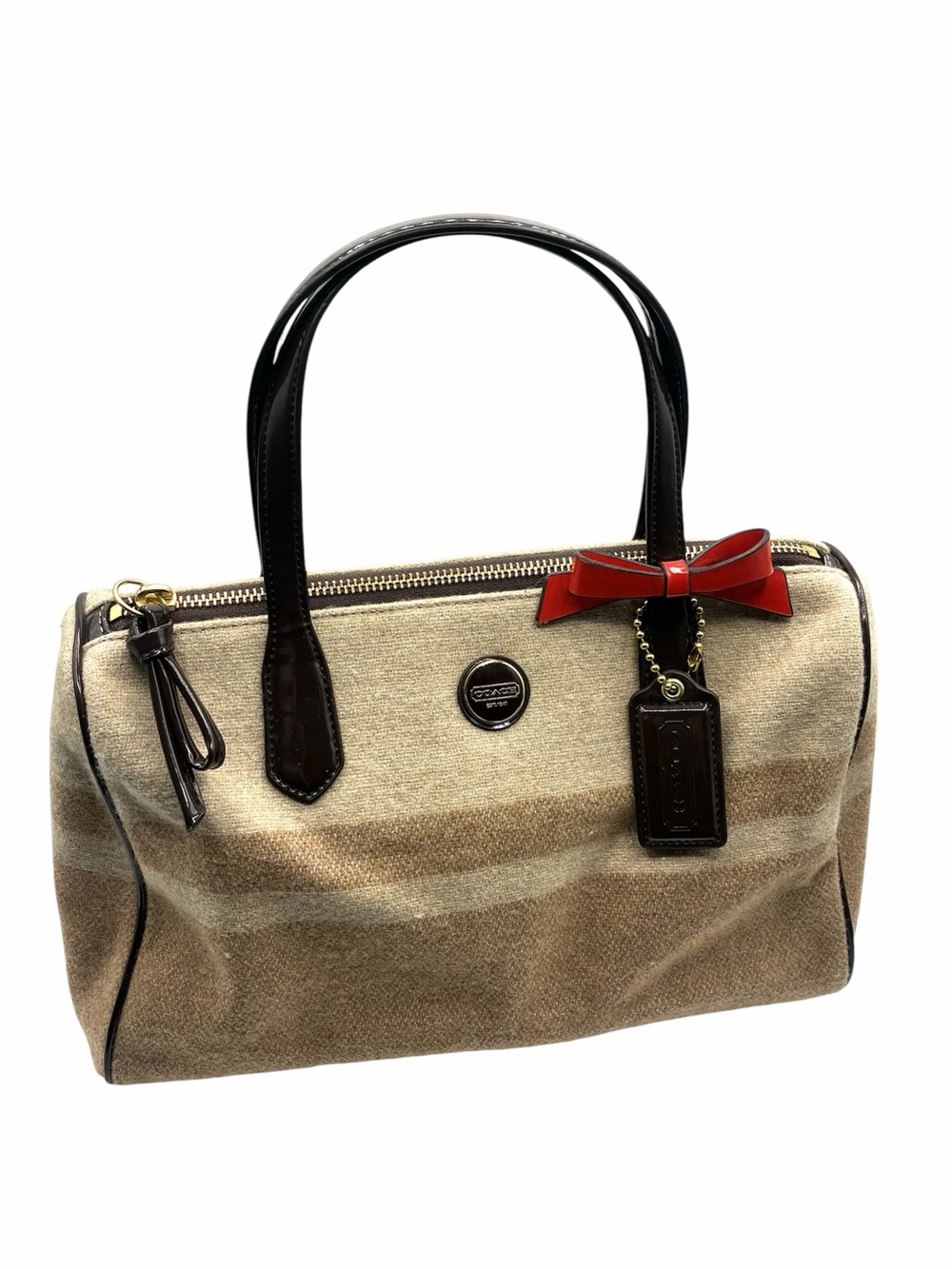 Coach Wool Stripe Satchel Bow Bag F24784 Beige Brown